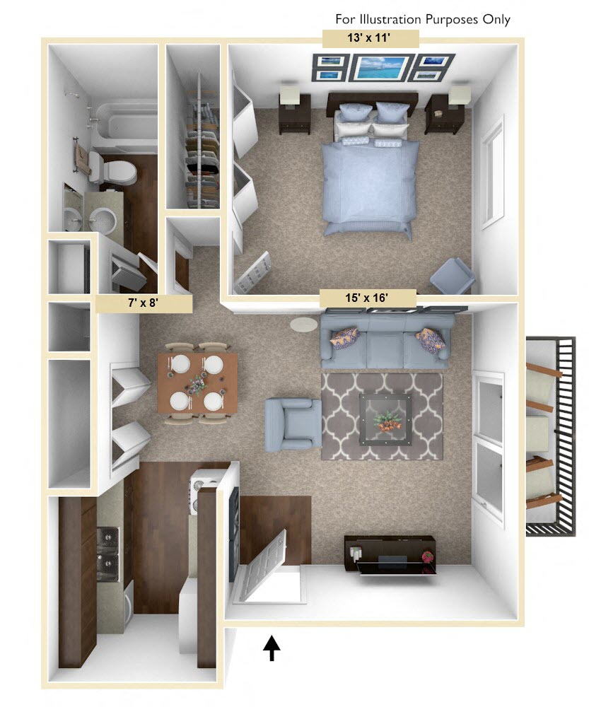 Floor plan for 1 bed, 1 bath, 600 sqft